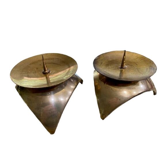 Mid Century Space Age Candleholders Solid Brass Pair • Large - Picture 7 of 8